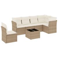 7-delige Loungeset met kussens poly rattan beige - thumbnail
