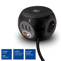 ACT Connectivity Stekkerdoos cube met 3 stopcontacten, USB-A-poorten, 1,5m - thumbnail