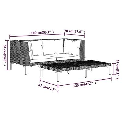 3-delige Loungeset halfrond poly rattan donkergrijs - thumbnail