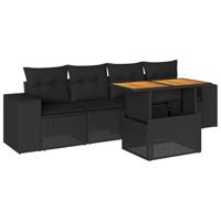 5-delige Loungeset met kussens poly rattan zwart - thumbnail