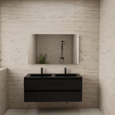 ACTIE BWS Badmeubel | Paris | Mat Zwart 120 cm | Hoogglans Wit Wastafel | 2 Kraangaten