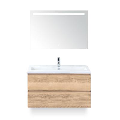 Vogue Badmeubelset 100 cm - Greeplijst in kleur - Grey Oak - Keramische Wastafel Wit 1 kraangat - met Sence Spiegel