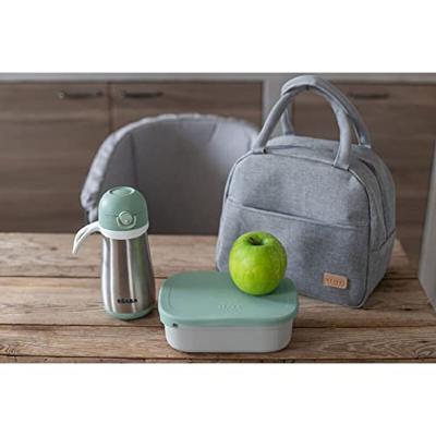 BEABA, roestvrijstalen lunchbox voor kinderen, siliconen deksel en beschermhoes, fluweelgrijs en saliegroen