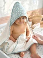 Badcape van katoengaas, personaliseerbaar, en washandje MARGUERITE blauw, bedrukt - thumbnail