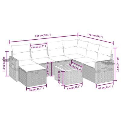 8-delige Loungeset met kussens poly rattan zwart - thumbnail