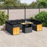 10-delige Loungeset met kussens poly rattan zwart - thumbnail
