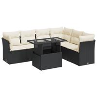 7-delige Loungeset met kussens poly rattan zwart - thumbnail