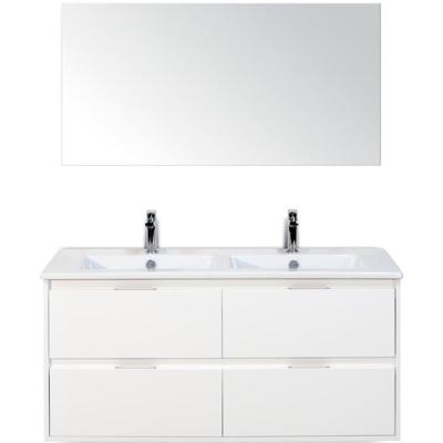 Porto Badmeubelset 120 cm - 4 Laden Wit Hoogglans - Keramische Wastafel Wit Slim met Spiegel