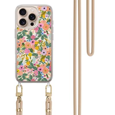iPhone 16 Pro hoesje met beige koord - Pink garden