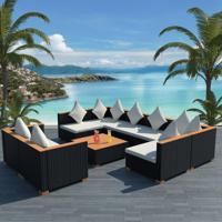 9-delige Loungeset met kussens poly rattan zwart - thumbnail