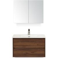 Dante Badmeubelset 80 cm - Walnoot - Keramische Wastafel Wit Cover met Spiegelkast - thumbnail