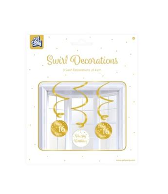 Hangdecoratie Swirls 16 Jaar Goud/Wit (3st) - thumbnail