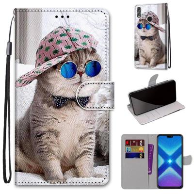 Voor Huawei Honor 8X Gekleurde tekening kruistextuur Horizontale Flip PU Lederen kast met Houder & Kaart Slots & Wallet & Lanyard(B20 Slant Hat Blue M