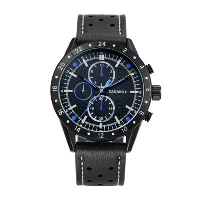 CAGARNY 6828 modieuze multifunctionele Quartz horloge met leder Band & GMT tijd & kalender & goed verlicht Display voor mannen Sport (Black Window [Bl