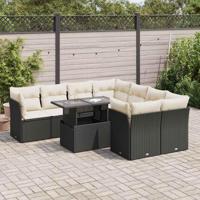 9-delige Loungeset met kussens poly rattan zwart - thumbnail