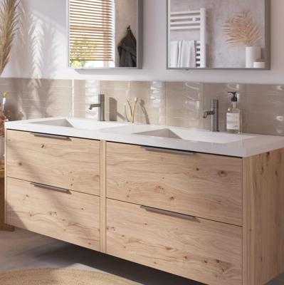 Saqu Lima badmeubel incl. dubbele glans witte wastafel 160x52x64cm naturel eiken - rvs greep