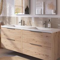 Saqu Lima badmeubel incl. dubbele glans witte wastafel 160x52x64cm naturel eiken - rvs greep - thumbnail