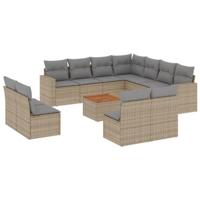 12-delige Loungeset met kussens poly rattan gemengd beige - thumbnail
