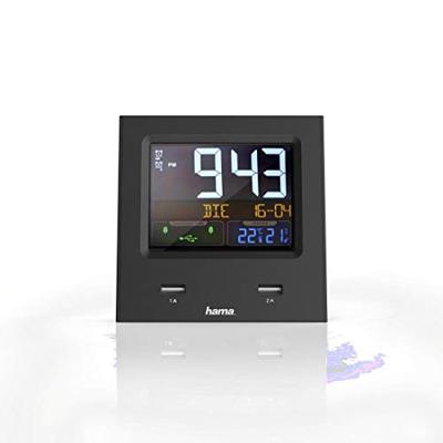 Hama Digitale wekker, dubbele USB, digitale wekker met 2-voudige USB-oplaadfunctie, snelheidsalarm, 2 wektijden en snooze, weergave voor datum, binnentemperatuur en luchtvochtigheid, zwart