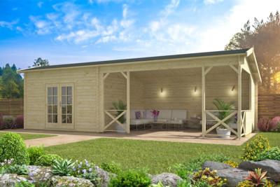 Tuindeco Mokka Blokhut 400x400 cm + overkapping 500 cm 40 mm vuren blank- Kapschuurdak- Onbehandeld vurenhout- Tuindeco Tuindeco Mokka Blokhut 400x400 cm + overkapping 500 cm 40 mm vuren blank- Kapschuurdak- Onbehandeld vurenhout- Tuindeco