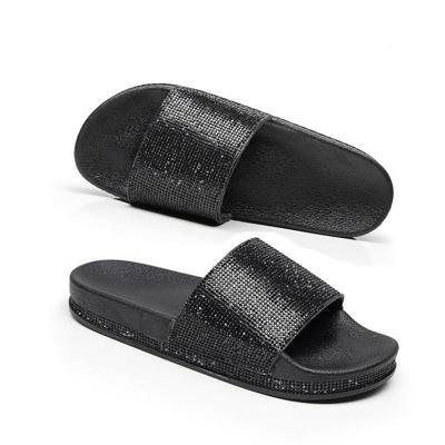 Rhinestone Women Slippers Bling Beach Slides Size:38(Black)