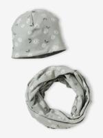 Gebloemde meisjesset muts + snood groengrijs - thumbnail