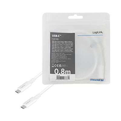 LogiLink CU0180 - USB 4 Gen 3 Type-C kabel (IF-gecertificeerd) met E-mark-chipset, PD (Power Delivery tot 20V, 5A, 100W), AV tot UHD 8K/60Hz (7680x4320), wit, 0,8m