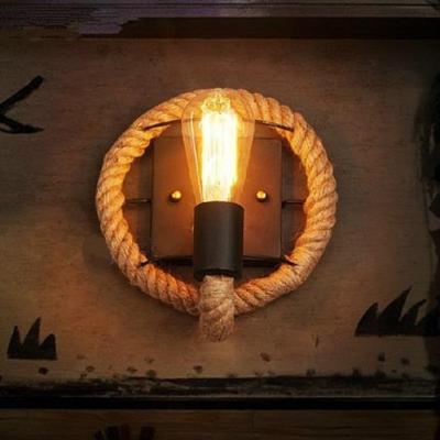 Vintage hennep touw Edison gloeilamp smeedijzeren muur lamp zonder lamp (ronde)