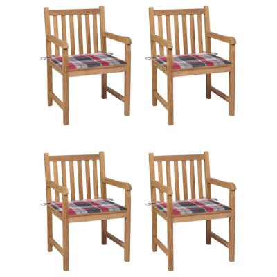 Tuinstoelen 4 st met rood geruite kussens massief teakhout