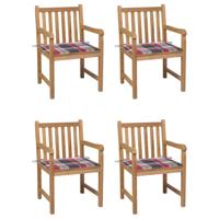 Tuinstoelen 4 st met rood geruite kussens massief teakhout - thumbnail