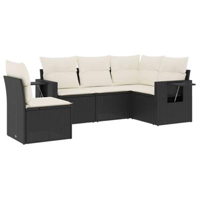 5-delige Loungeset met kussens poly rattan zwart - thumbnail