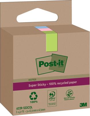 Post-it Super Sticky Notes Recycled, 70 vel, ft 47,6 x 47,6 mm, assorti, pak van 3 blokken Post-it Super Sticky Notes Recycled, 70 vel, ft 47,6 x 47,6 mm, assorti, pak van 3 blokken
