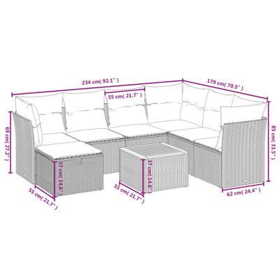 8-delige Loungeset met kussens poly rattan zwart