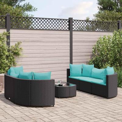 7-delige Loungeset met kussens poly rattan zwart