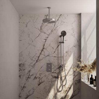 Brauer Stripe thermostatische inbouw regendouche 3-weg rechthoekig SET 24 met 25 cm douchekop en plafondarm en 3-standen handdouche en doucheslang en geintegreerde glijstang RVS-kleurig geborsteld PVD