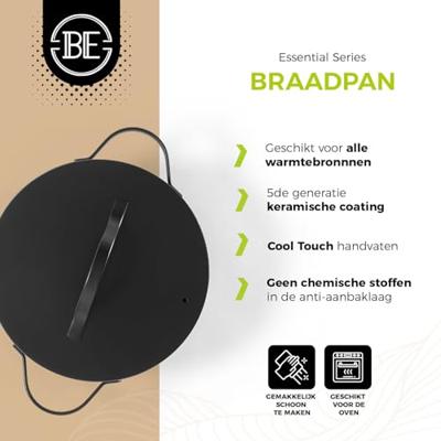 BE Living Braadpan met deksel ø 28 cm - keramische anti-aanbaklaag - geschikt voor alle warmtebronnen - zwart