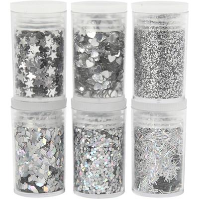 Creativ Company Bio sparkles & sequins, zilver, 6x7 ml/ 1 doos Creativ Company Bio sparkles & sequins, zilver, 6x7 ml/ 1 doos