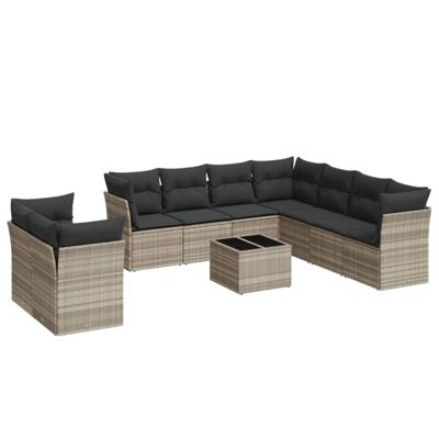 9-delige Loungeset met kussens poly rattan lichtgrijs
