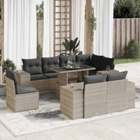 9-delige Loungeset met kussens poly rattan lichtgrijs - thumbnail
