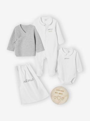 Geboorteset: beha, romper, pyjama, welkomstkaart en ENVIE DE FRAISE zakje wit
