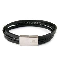Monomen Men&apos;s Black Leather Triple Strap Silver Clasp Bracelet MM10792 - thumbnail