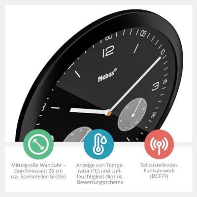 Mebus 52825 Zendergestuurd Wandklok 260 mm x 42 mm Zwart Mebus 52825 Zendergestuurd Wandklok 260 mm x 42 mm Zwart
