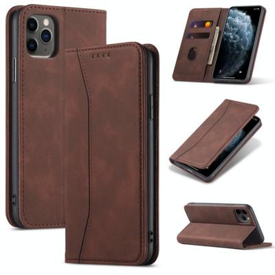 Skin-feel Kalfsleer textuur Magnetische dual-fold horizontale flip lederen hoes met houder & kaartslots & portemonnee voor iPhone 12 / 12 Pro(Koffie)
