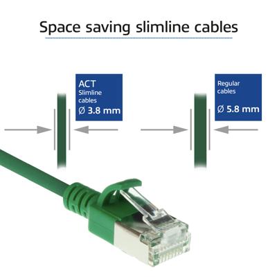 ACT Groene 1,5 meter LSZH U/FTP CAT6A datacenter slimline patchkabel snagless met RJ45 connectoren ACT Groene 1,5 meter LSZH U/FTP CAT6A datacenter slimline patchkabel snagless met RJ45 connectoren
