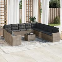 12-delige Loungeset met kussens poly rattan grijs - thumbnail