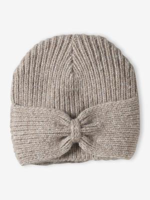 Geribde meisjesmuts met strik kaneel