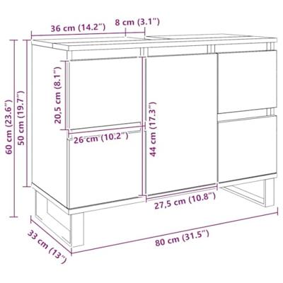Badkamerkast 80x33x60 cm bewerkt hout artisanaal eikenkleurig