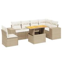 7-delige Loungeset met kussens poly rattan beige - thumbnail