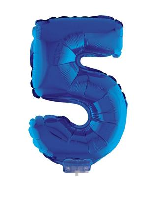 Folieballon Klein Cijfer &apos;5&apos; Blauw Met stokje (41cm)
