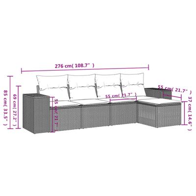 5-delige Loungeset met kussens poly rattan grijs - thumbnail